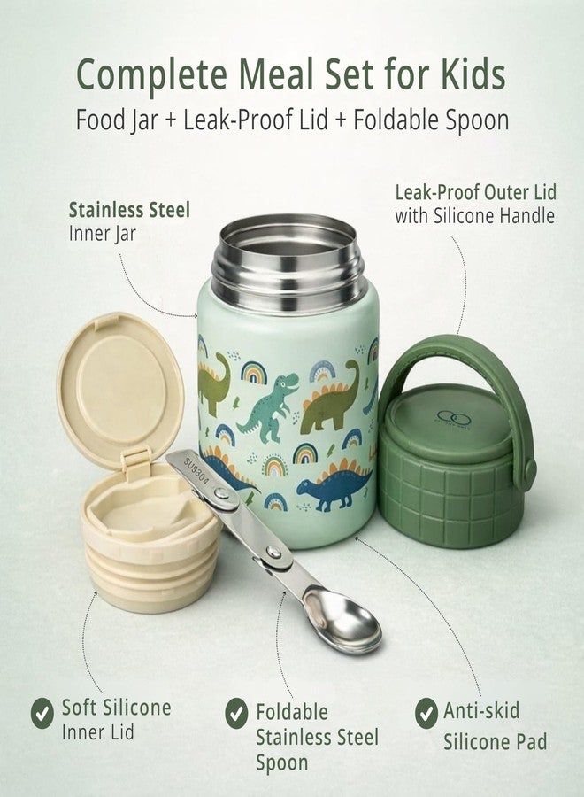 ONE AND ONLY مرطبان طعام فريد من نوعه مصنوع من الفولاذ المقاوم للصدأ، سعة 450 مل، معزول بتفريغ الهواء، ذو فوهة واسعة، مزود بغطاء محكم الإغلاق مانع للتسرب، وملعقة قابلة للطي مخفية، ومقبض من السيليكون، وقاعدة مانعة للانزلاق، بتصميم ديناصور أخضر. - Image 3